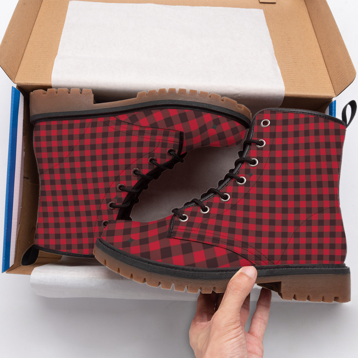Red and Black Plaid Men's Martin Short Boots