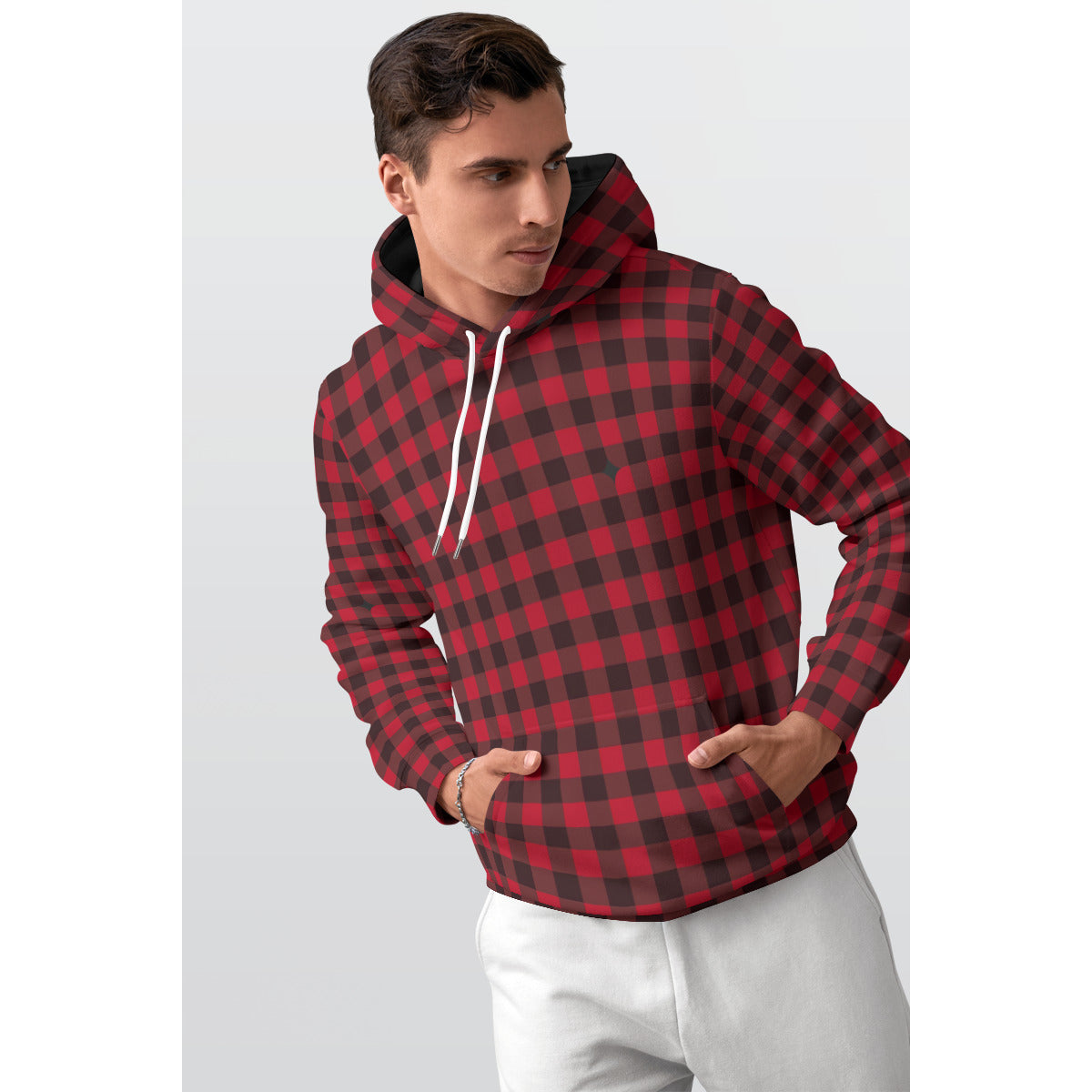 Red and black plaid Men's Thicken Pullover Hoodie