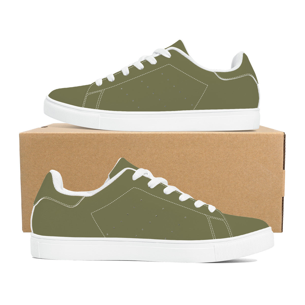 Olive Green Low-Top Synthetic Leather Sneakers - White