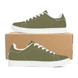 Olive Green Low-Top Synthetic Leather Sneakers - White