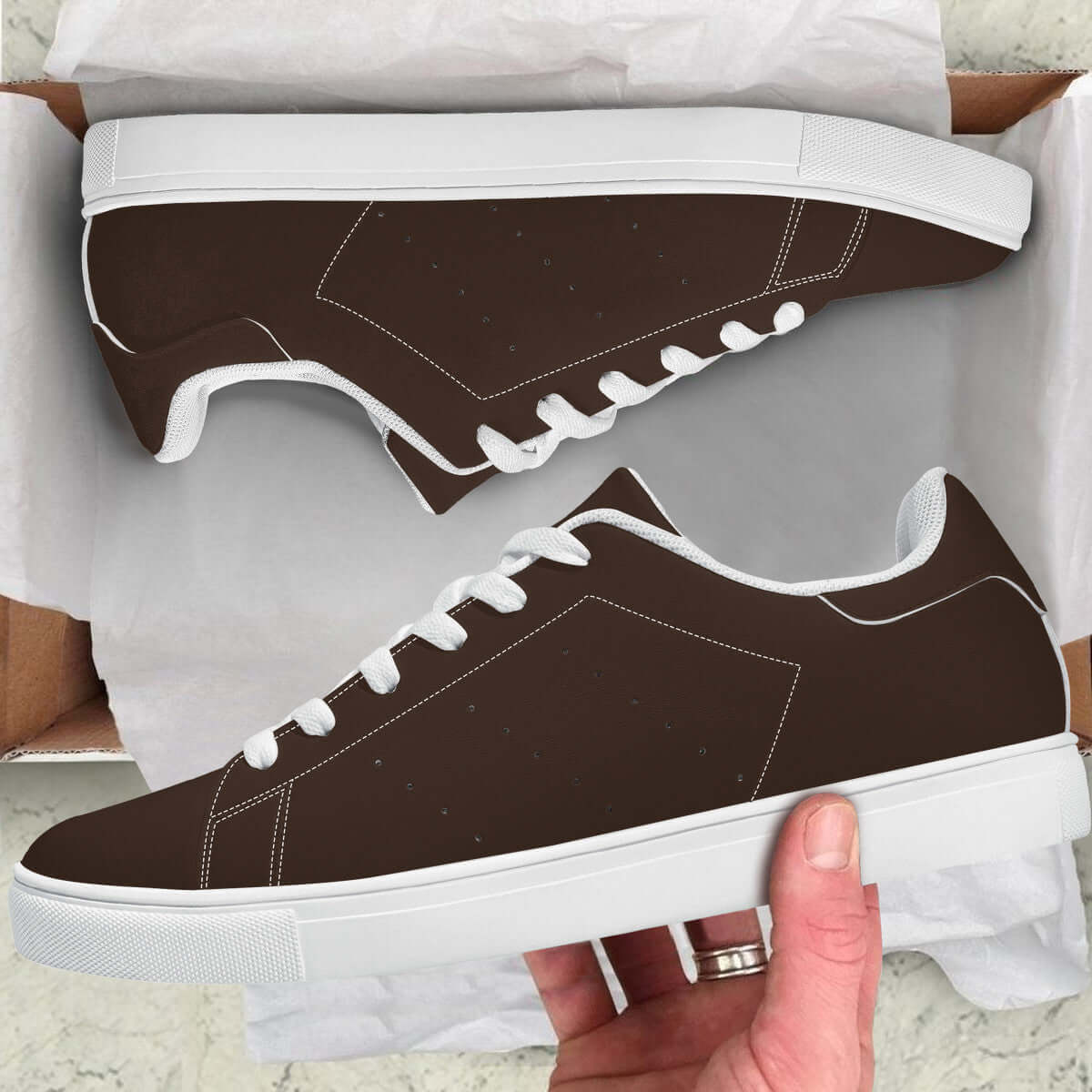 Brown Low-Top Synthetic Leather Sneakers