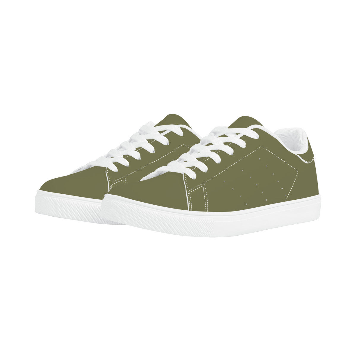 Olive Green Low-Top Synthetic Leather Sneakers - White