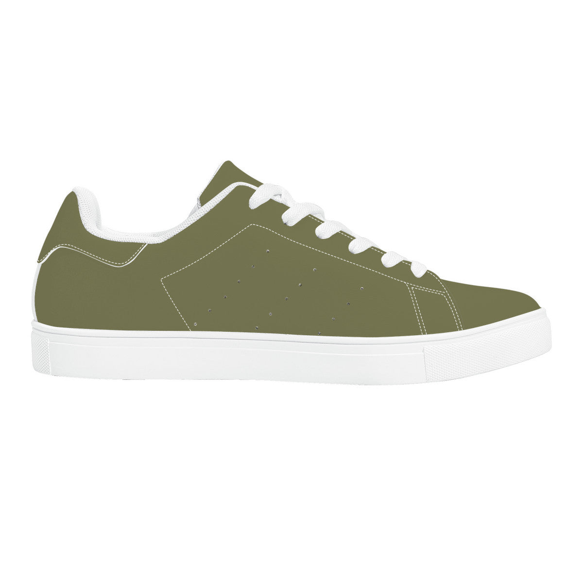 Olive Green Low-Top Synthetic Leather Sneakers - White