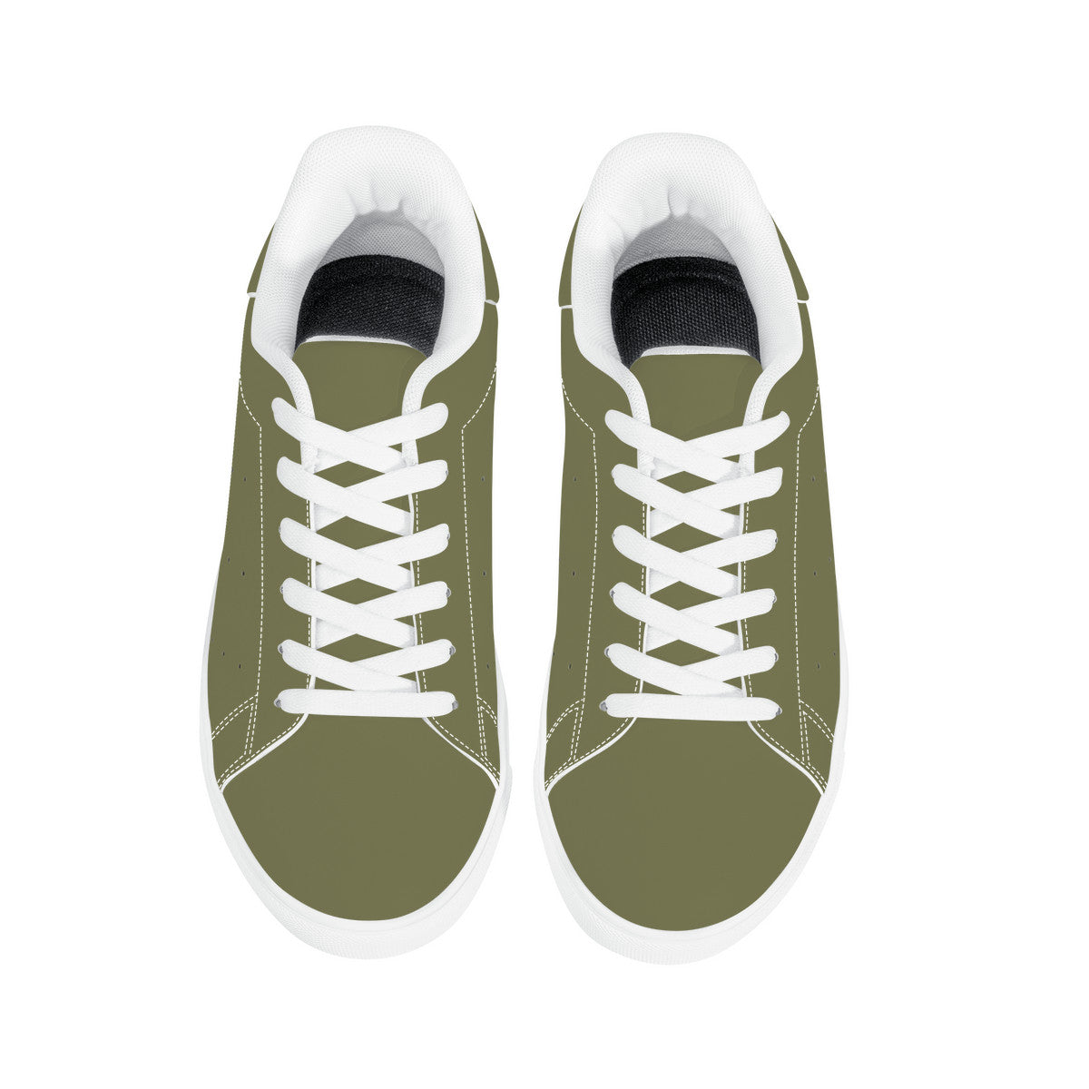 Olive Green Low-Top Synthetic Leather Sneakers - White