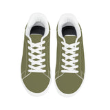 Olive Green Low-Top Synthetic Leather Sneakers - White