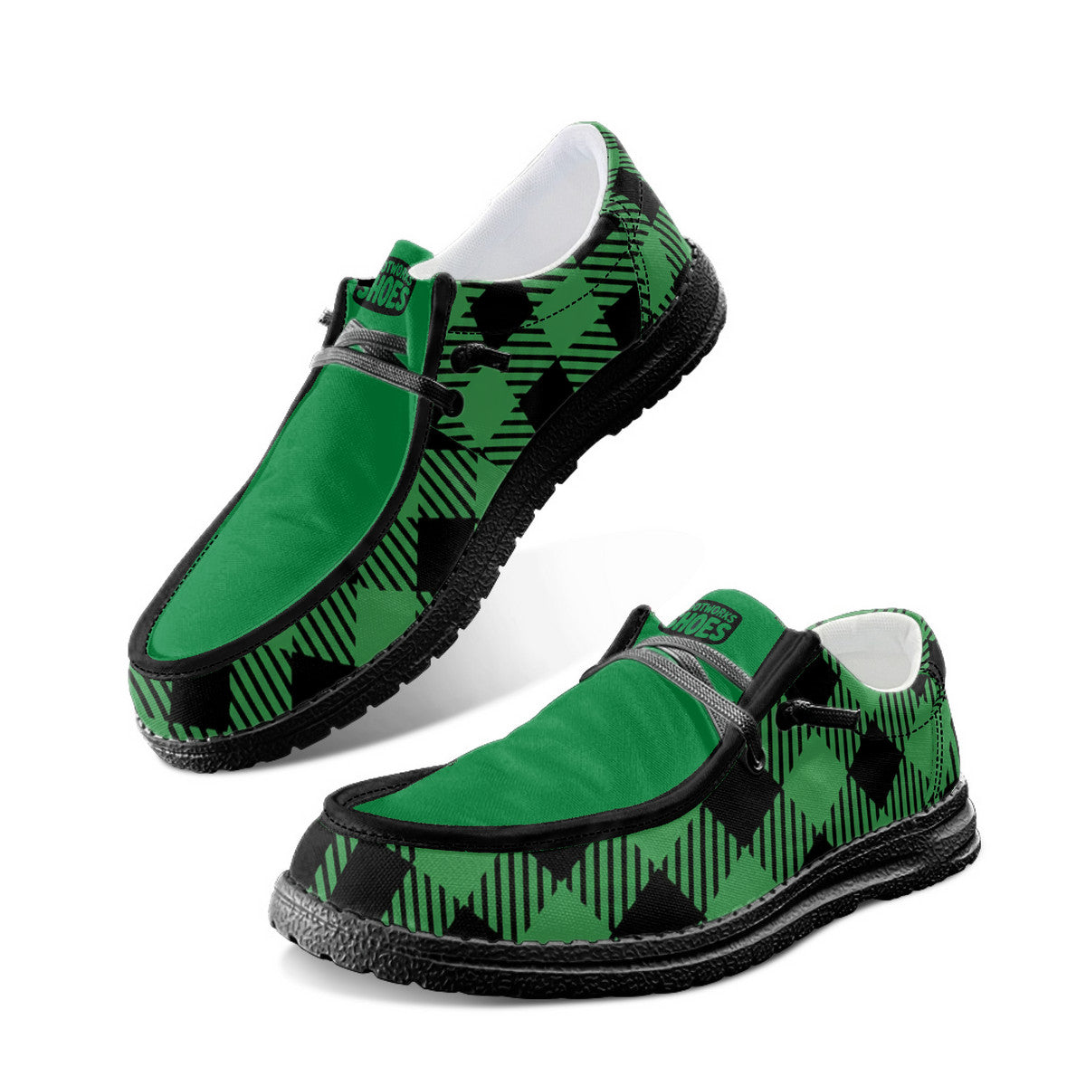 Unisex Green Plaid Canvas Loafers