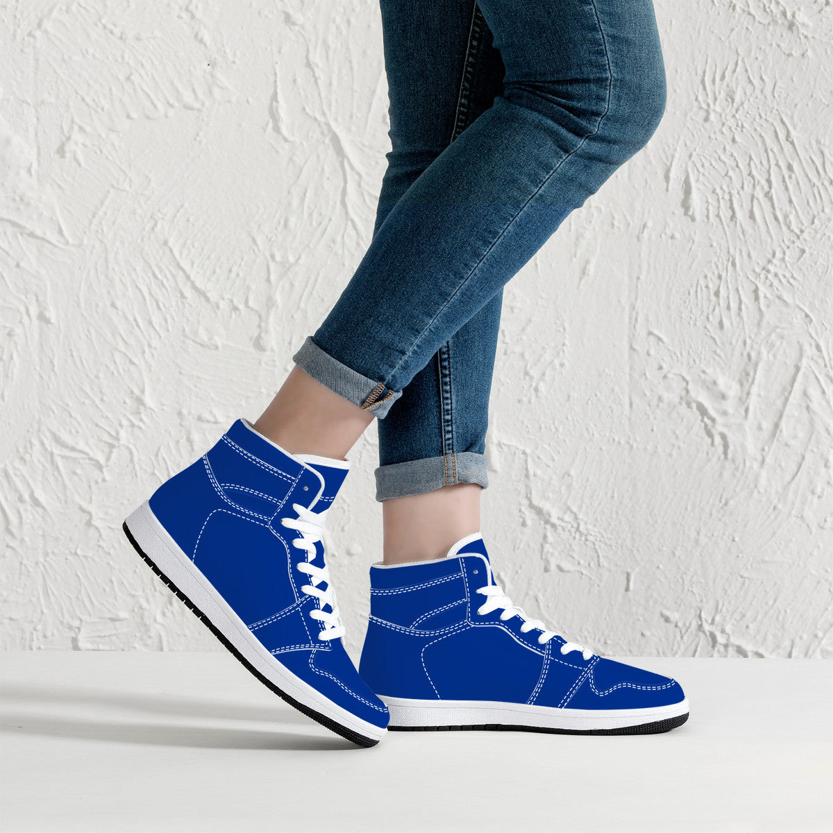 Dark Navy Blue High-Top Synthetic Leather Sneakers - White
