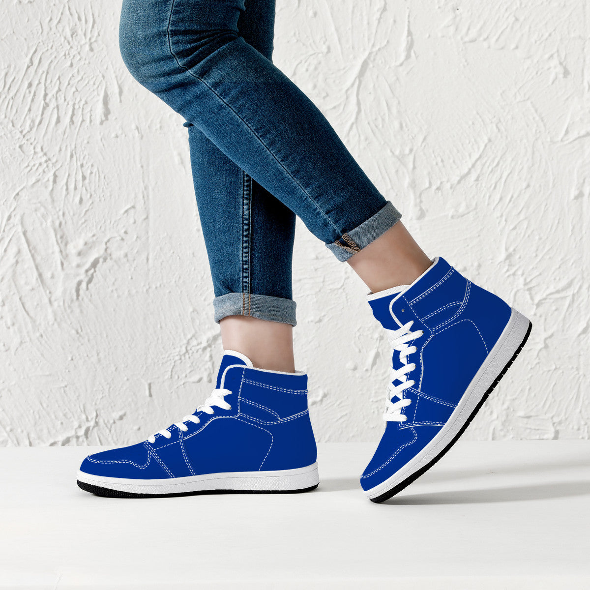 Dark Navy Blue High-Top Synthetic Leather Sneakers - White