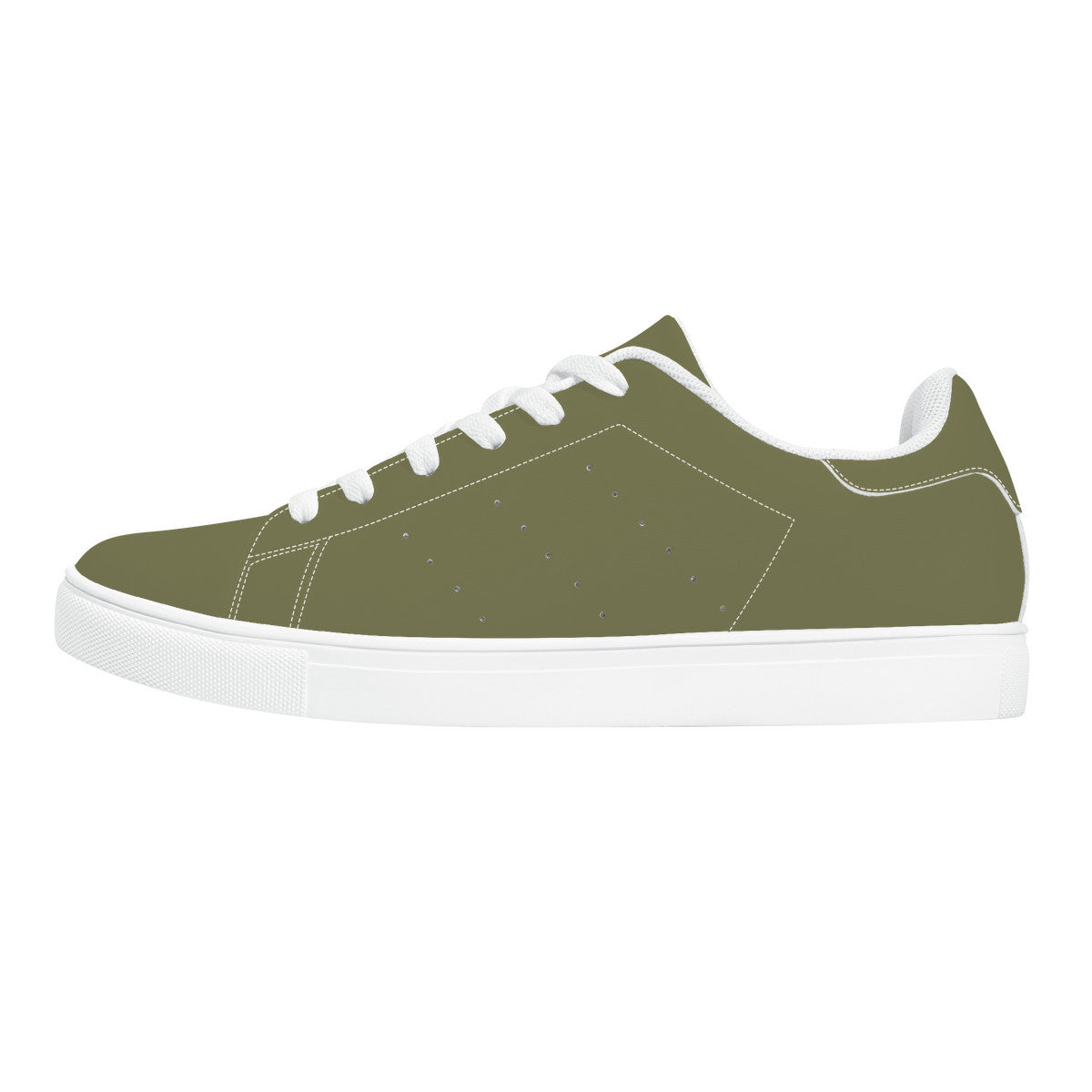 Olive Green Low-Top Synthetic Leather Sneakers - White