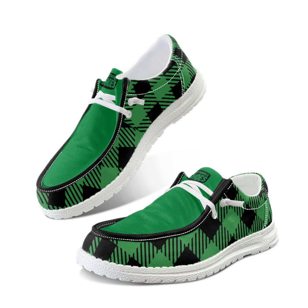 Unisex Green Plaid Canvas Loafers