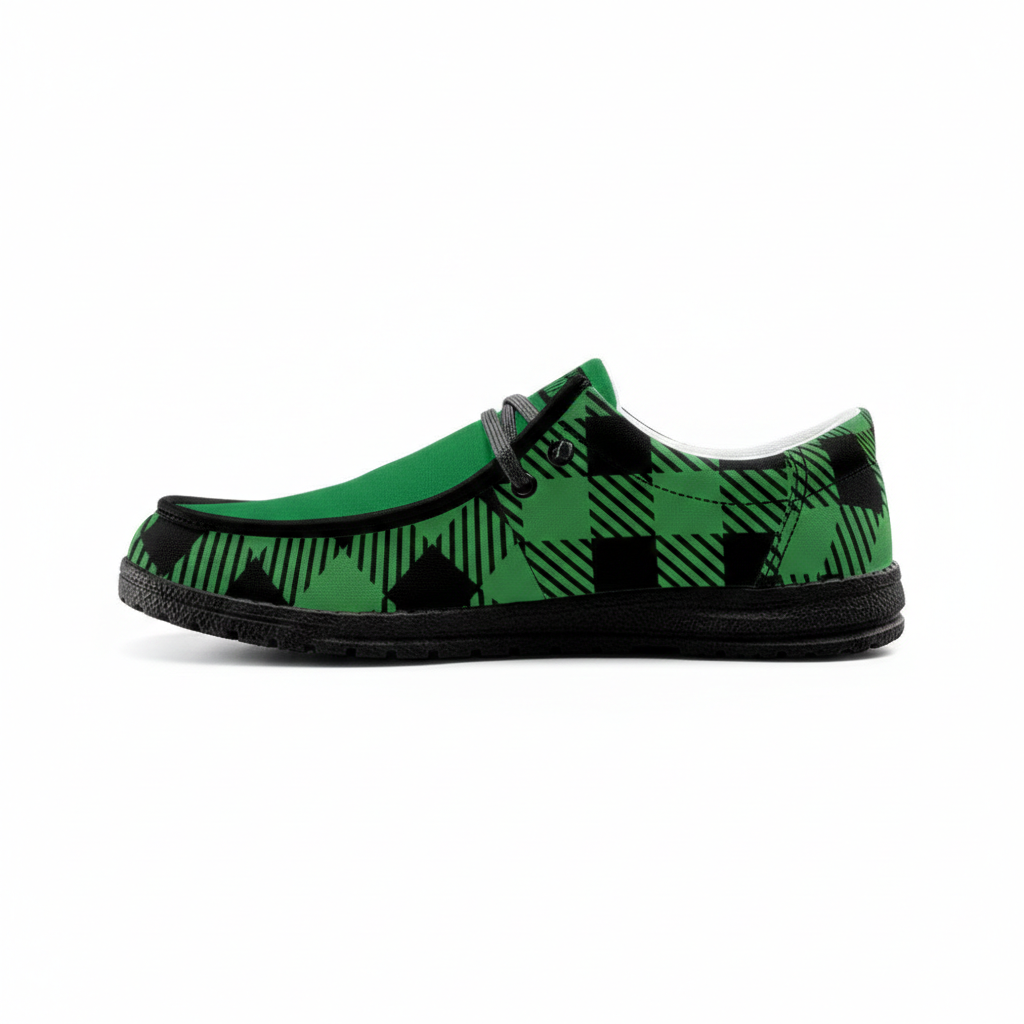 Unisex Green Plaid Canvas Loafers