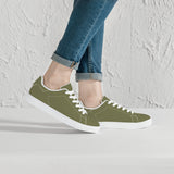 Olive Green Low-Top Synthetic Leather Sneakers - White